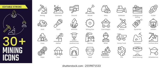 Mining Stroke icon collections. Containing Mining, Diamond, Ground, Shovel, Mine, Bulldozer, Gold, Torch, Mining Saw and Minerals icons. Editable Stroke icon collection Outline icon