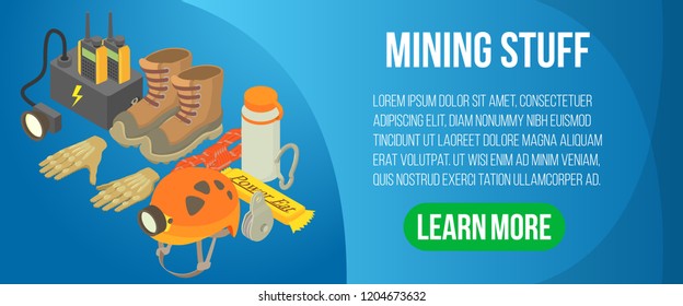 Mining stuff concept banner. Isometric banner of mining stuff vector concept for web, giftcard and postcard