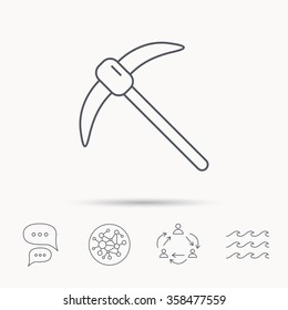 Mining tool icon. Pickaxe equipment sign. Minerals industry symbol. Global connect network, ocean wave and chat dialog icons. Teamwork symbol.