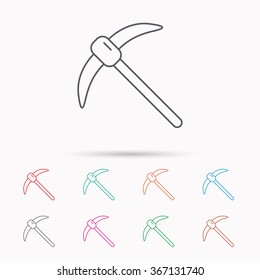 Mining tool icon. Pickaxe equipment sign. Minerals industry symbol. Linear icons on white background.