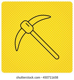 Mining tool icon. Pickaxe equipment sign. Minerals industry symbol. Linear icon on orange background. Vector