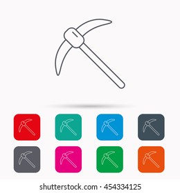 Mining tool icon. Pickaxe equipment sign. Minerals industry symbol. Linear icons in squares on white background. Flat web symbols. Vector