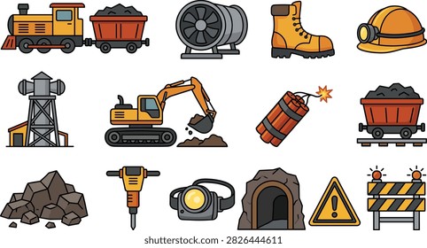 Mining tools, heavy equipment, dynamite, mine entrance, vector icon set isolated