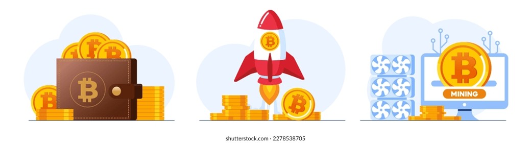 Mining, trading and Investment in cryptocurrency, bitcoin, finance, digital currency, money, blockchain system, flat design vector illustration