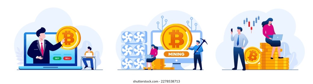 Mining, trading and Investment in cryptocurrency, bitcoin, finance, people with coin, digital currency, money, blockchain system, flat design vector illustration