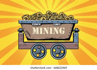 mining trolley with cryptocurrency bitcoin. Golden background. Pop art retro comic book vector illustration