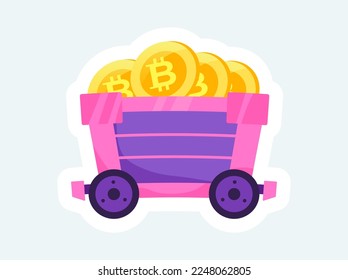 Mining trolley with golden bitcoins. Cryptocurrency and blockchain. Vector illustration in cartoon sticker design