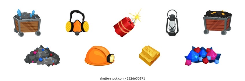 Bergbau mit Trolley-, Helm-, Lantern-, Gold- und Dynamikvektorsatz
