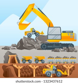 Mining with truck, bulldozer, excavator, service vector flat illustration