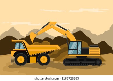 Mining Truck And Caterpillar Backhoe Doing Construction And Mining Work