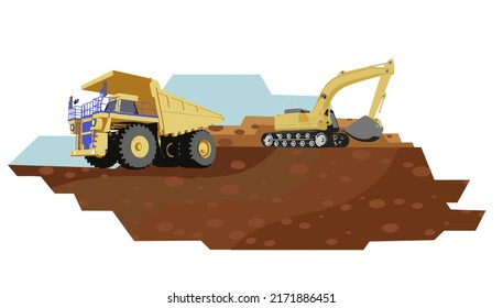 Mining truck and front loader in construction and mining work with heavy machinery.Vector illustrator