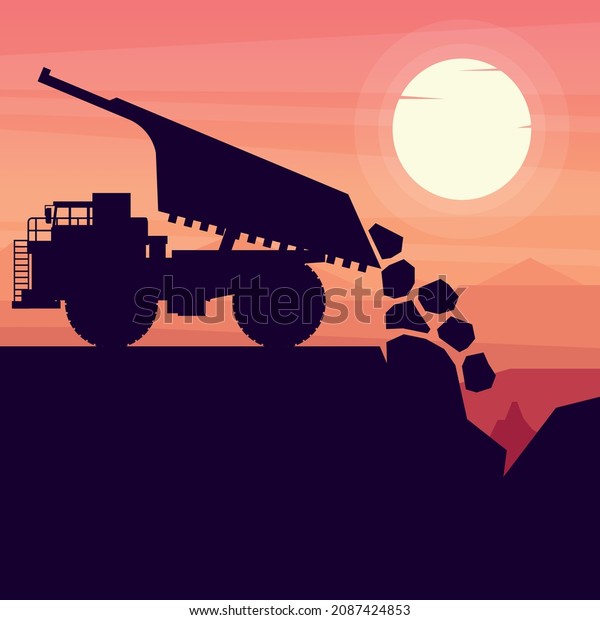 mining truck heavy machinery unloading\
materials in a mine with sunset\
background