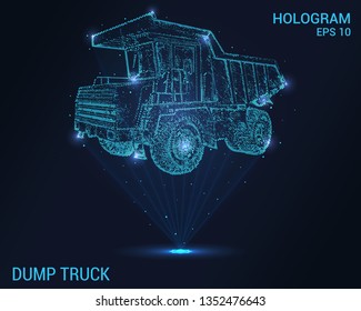 Mining truck is a hologram. Digital and technological background of dump truck. Futuristic design dump truck