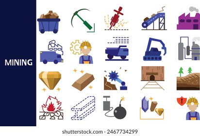 Mining is the use of natural resources to mine coal, gold or iron ore. Iron ore is the material.  ,Set of icons for business ,symbol collection.,Vector illustration.