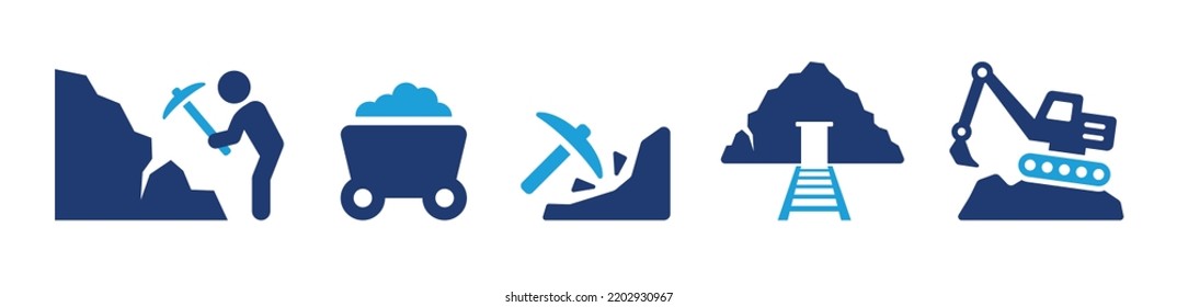 Mining vector icon set. Containing mine, mining, miner, wheelbarrow, excavator icon isolated on white background.