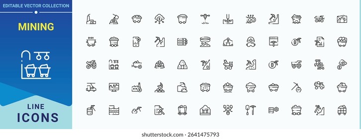 Mining vector line icon set. Includes symbols for miner, mine, pick, construction, industrial and more. Mine icon set. Modern thin line style icons. Editable stroke. Vector illustration.