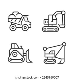 Montaje de iconos lineales perfectos de píxeles de los vehículos de minería. Equipo pesado. Industria de la minería del carbón. Excavadora, bulldozer. Símbolos de línea delgada personalizables. Ilustraciones aisladas del contorno vectorial. Trazo editable