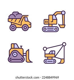 Mining vehicles pixel perfect RGB color icons set. Heavy equipment. Coal mining industry. Excavator, bulldozer. Isolated vector illustrations. Simple filled line drawings collection. Editable stroke