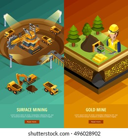 Mining vertical banners set with surface mining symbols isometric isolated vector illustration 