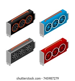 Mining video card set. Miner of GPU. Technology extraction crypto currency. Virtual money. Vector illustration