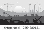 Mining view factory quarry landscape silhouette flat elements background in black white color.