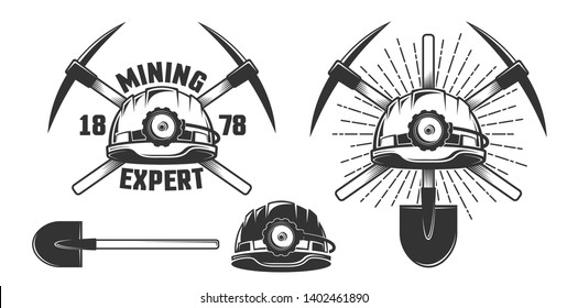 Mining vintage emblem - helmet and crossed picks. Vector illustration.