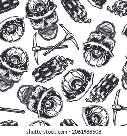 Mining vintage monochrome seamless pattern with mustached skull in miner helmet dynamite and pickaxes vector illustration