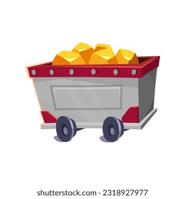 Mining wagon full of gold ore. Mine cart icon isolated on white background. Loaded trolley for game or app design. Precious metals extraction and transportation. Cartoon vector illustration.