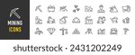 Mining web icons in line style. Diamond, gold, mine, ore, pickaxe, coal wagon. Vector illustration.