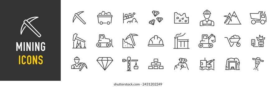 Minería de iconos web en estilo de línea. Diamante, oro, mina, mineral, pico, carreta de carbón. Ilustración vectorial.