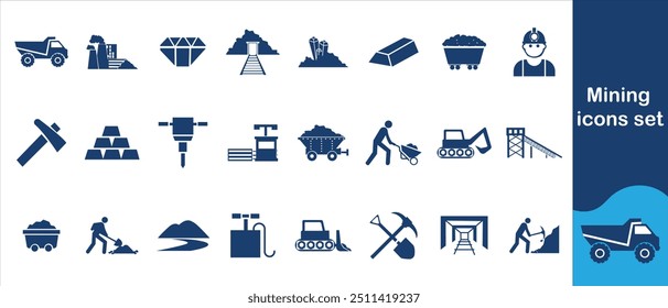 Mineração de ícones da Web no estilo de linha. Diamante, ouro, minério, carvão. Ilustração vetorial.
