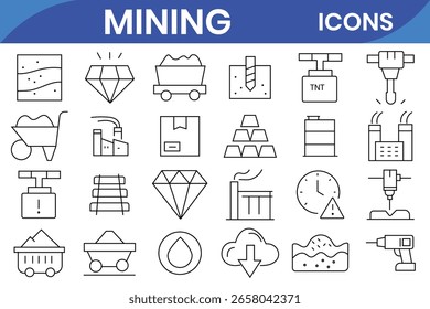 Mining web icons in line style. Containing minerals, gold, pickaxe, miner, excavator, diamond, coal wagon, jackhammer and gold panning icons. Solid icon collection. Vector illustration.