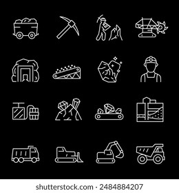 Mining, white line icons. Extraction of minerals from mines and surfaces. industrial and natural resource themes. Symbols on black background. Editable stroke.