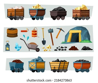 mining. wooden carts with minerals diamond gold treasures tools for mining dynamite shovels lantern pickaxe. Vector cartoon illustrations