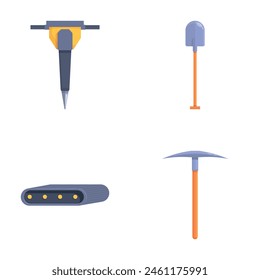 Iconos de trabajo minero conjunto de Vector de dibujos animados. Equipos para la industria minera. Industria del carbón