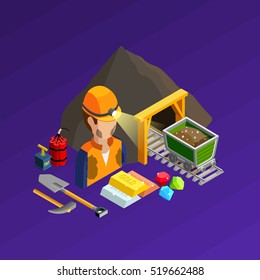  Mining work isometric concept with equipment dynamite and products vector illustration 