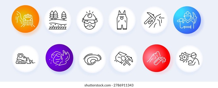 Mining work set icon. Train trees helmet overalls pickaxe worker bulldozer rock fire tunnel dynamite gear line icons minimal outline style industrial labor objects collection.