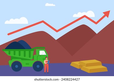 Mining worker near dump truck vector illustration. Arrow up on background showing growth of mining and metal industry. Growth in mining stocks concept