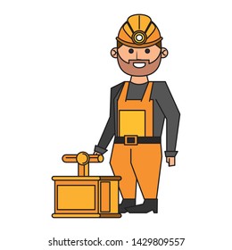 Mining worker with pick and tnt detonator vector illustration graphic design