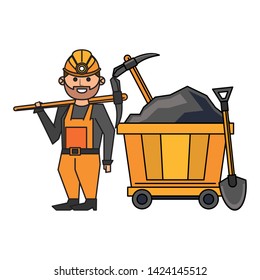 Mining worker with picks and shovel in train carrier vector illustration graphic design