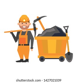 Mining worker with picks and shovel in train carrier vector illustration graphic design