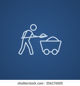 Mining worker with trolley line icon for web, mobile and infographics. Vector light blue icon isolated on blue background.