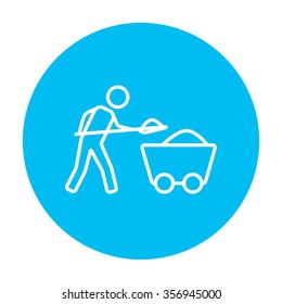 Mining worker with trolley line icon for web, mobile and infographics. Vector white icon on the light blue circle isolated on white background.