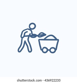 Mining worker with trolley vector sketch icon isolated on background. Hand drawn Mining worker with trolley icon. Mining worker with trolley sketch icon for infographic, website or app.