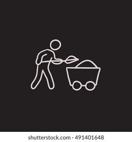 Mining worker with trolley vector sketch icon isolated on background. Hand drawn Mining worker with trolley icon. Mining worker with trolley sketch icon for infographic, website or app.