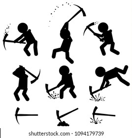 Mining working figures with pickaxes, seamless texture pattern, vector illustration black and white, horizontal background