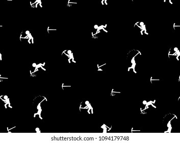 Mining working figures with pickaxes, seamless texture pattern, vector illustration black and white, horizontal background