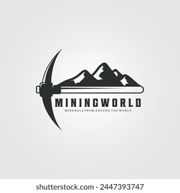 mining world with pickaxe logo vector vintage illustration design, tool or equipment mining logo design