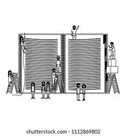 minipeople team working in book