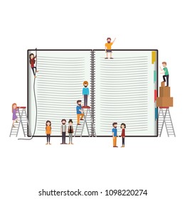 minipeople team working in books